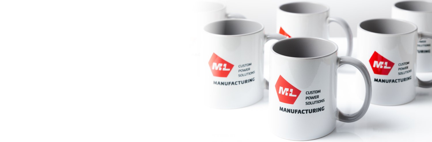 White ceramic mugs printed with a company logo