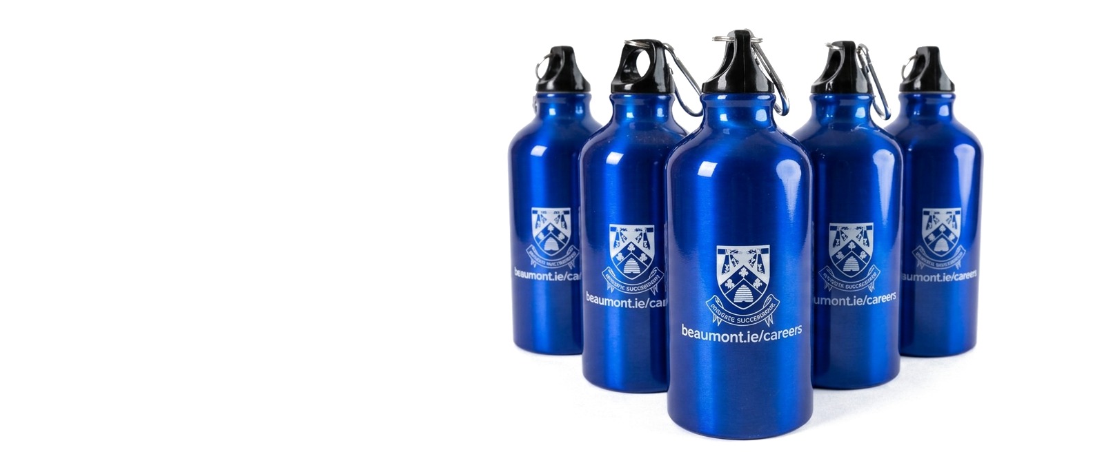 Blue aluminium sports bottles printed with a logo