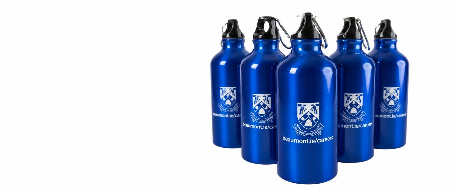 Blue aluminium sports bottles printed with a logo